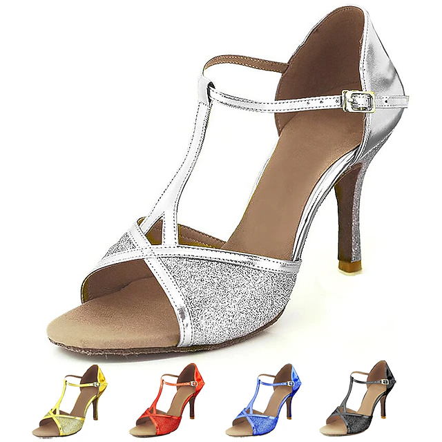 Women's Latin Dance Shoes Salsa Shoes Performance Indoor Sparkling Shoes Sandal Glitter Buckle T-Strap Black Red Silver 7