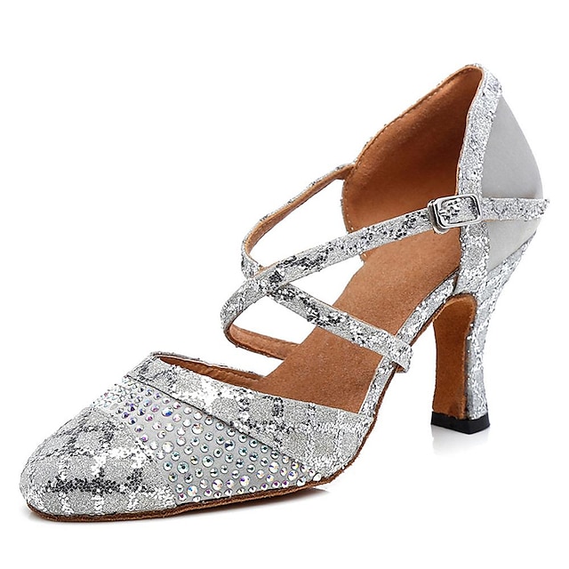  Women's Modern Shoes Training Party Practice Glitter Crystal Sequined Jeweled Comfort Shoes Basic Party / Evening Heel Sparkling Glitter Buckle Glitter Thick Heel Round Toe Cross Strap Adults' Silver