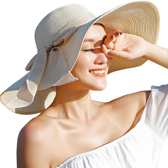 1 pcs Womens 5.5 Inches Big Bowknot Straw Hat Large Floppy Foldable Roll up Beach Cap Sun Hat UPF 50 6