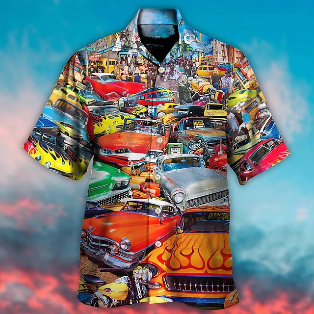 Men's Shirt Summer Hawaiian Shirt Graphic Shirt Car Turndown Yellow Red ...