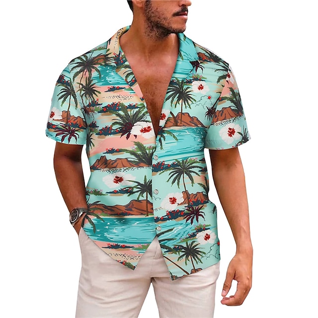  Men's Shirt Summer Hawaiian Shirt Coconut Tree Graphic Prints Cuban Collar Blue Casual Holiday Short Sleeve Button-Down Print Clothing Apparel Sports Fashion Streetwear Designer