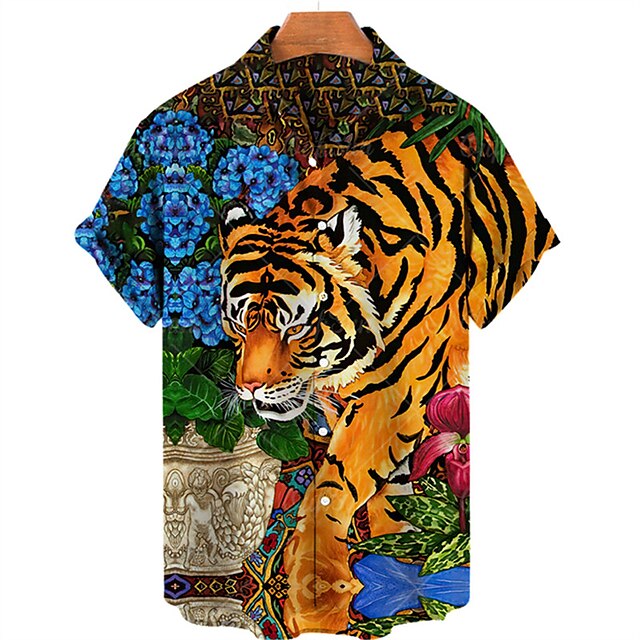  Men's Shirt Animal Tiger Graphic Prints Turndown Light Yellow Black Yellow Light Green Orange Street Casual Short Sleeves Print Button-Down Clothing Apparel Fashion Streetwear Designer Soft