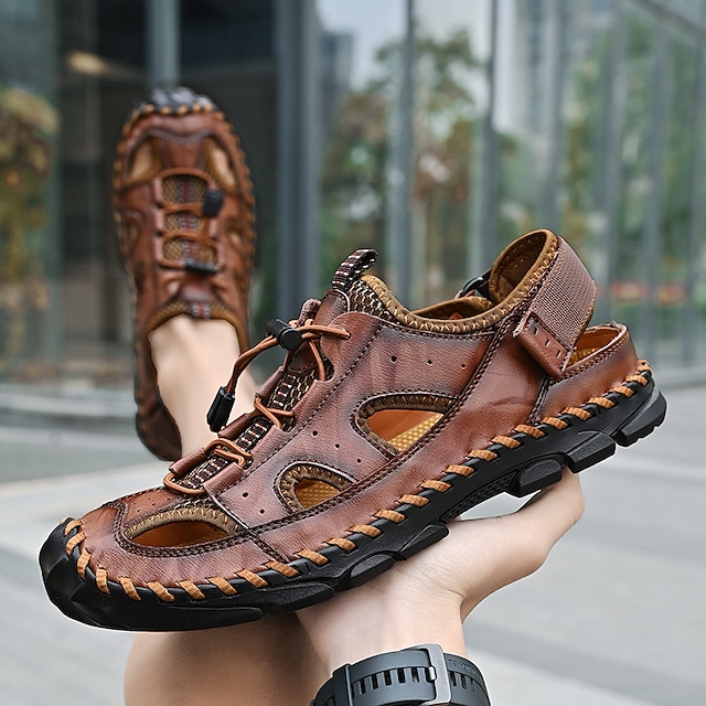  Men's Sandals Flat Sandals Leather Sandals Plus Size Handmade Shoes Casual Beach Outdoor Daily Cowhide Breathable Elastic Band dark brown Yellow brown Black Summer