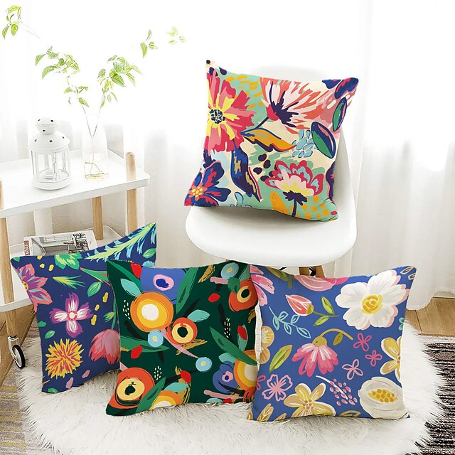  Floral Plant Double Side Pillow Cover 4PC Soft Decorative Cushion Case Pillowcase for Bedroom Livingroom Sofa Couch Chair