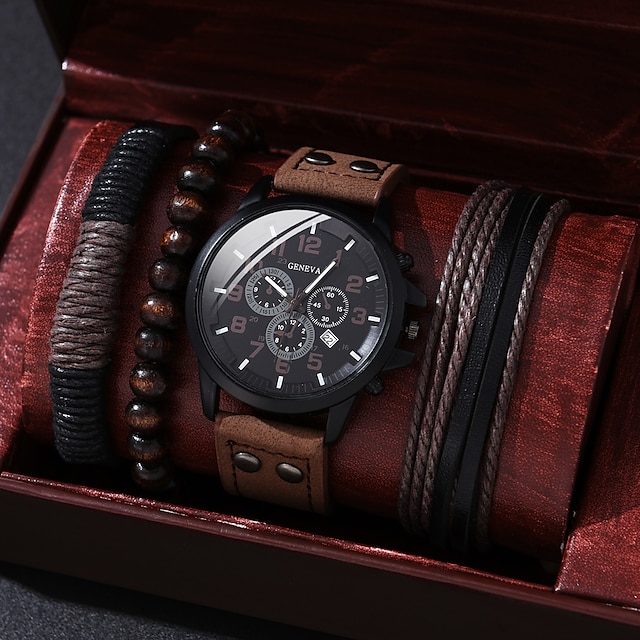  Men Quartz Watch Compass Leather Watch