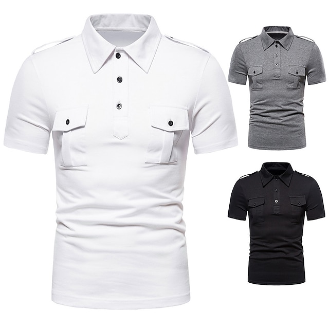  Men's Polo Shirt Cotton Polo Shirt Casual Sports Classic Short Sleeve Basic Comfortable Plain Button Pocket Summer Regular Fit Black White Grey Polo Shirt