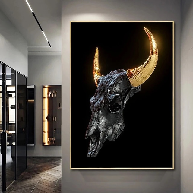  Gold Metal Horns Bull Skull Statue Art Canvas Painting Posters and Prints Wall Art Pictures for Living Room Wall Decor