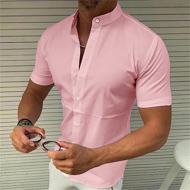 Men's Shirt Summer Shirt Button Up Shirt Casual Shirt Band Collar Shirt ...