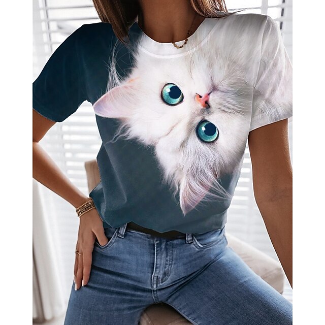  Women's T shirt Tee White Cat Print Short Sleeve Daily Weekend Basic Round Neck Regular 3D Cat Painting S