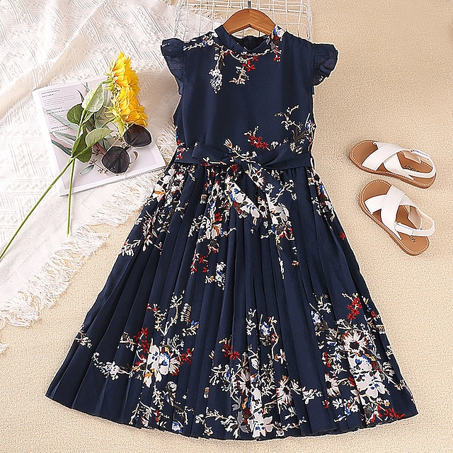  Kids Girls' Floral Dress Flower Short Sleeve School Performance Ruched Active Adorable Cotton Knee-length Floral Dress Summer Dress Summer Spring 4-12 Years Black Pink Peach