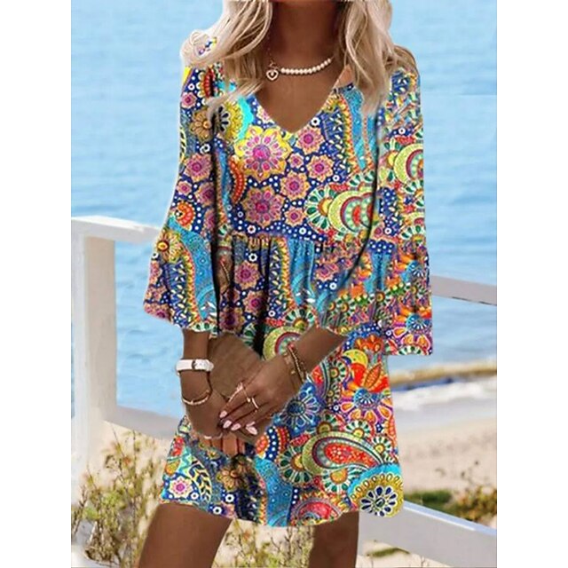  Women's Casual Dress Floral Tribal Ethnic Dress Shift Dress V Neck Print Mini Dress Daily Holiday Fashion Ethnic Loose Fit 3/4 Length Sleeve Blue Summer Spring S M L XL XXL