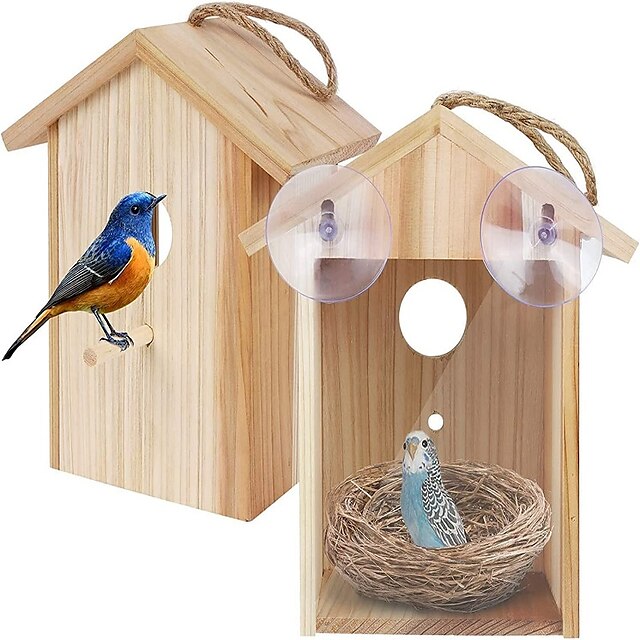  Bird House with Strong Suction Cups and lanyards for Outdoor use - See-Through Environmentally Friendly Wooden Bird nestBird Nest Transparent Design for Easy Observation