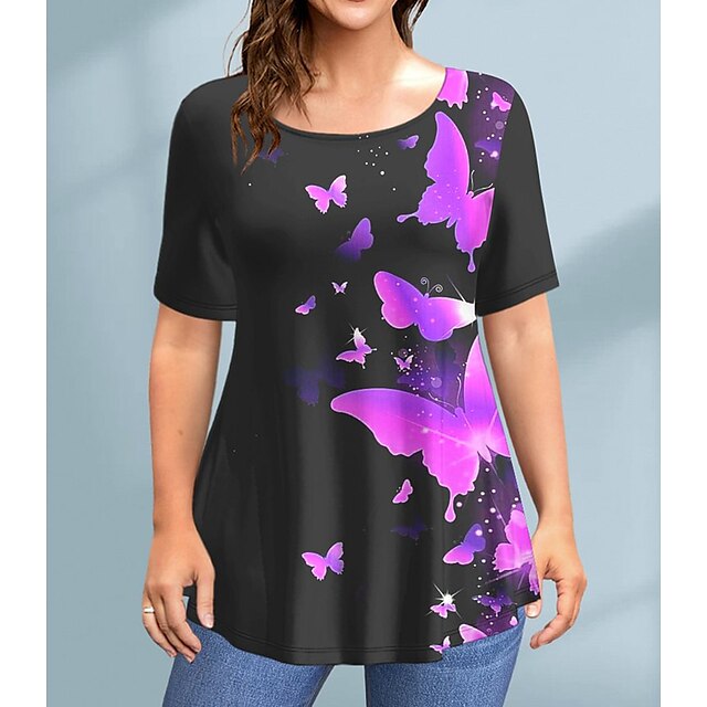  Women's T shirt Tee Black Red Purple Butterfly Print Short Sleeve Daily Weekend Basic Round Neck Regular Butterfly Painting Plus Size L