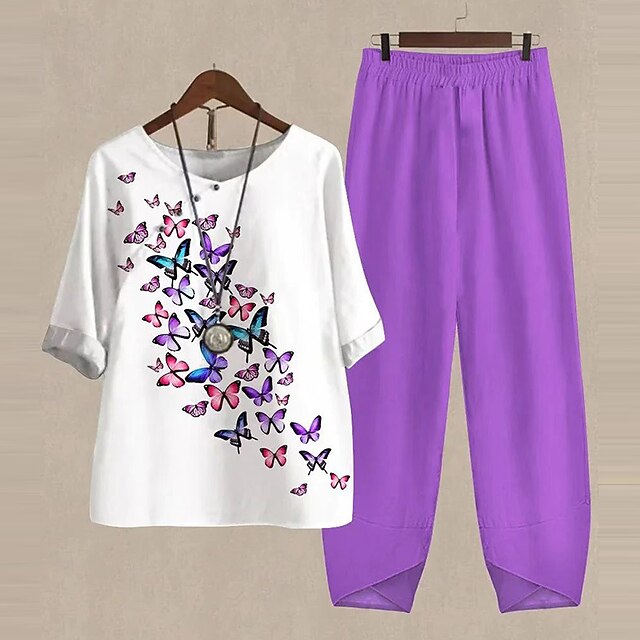  Women's Shirt Pants Sets Pants Trousers Basic Purple Casual Daily Butterfly Print Crew Neck S M L XL 2XL