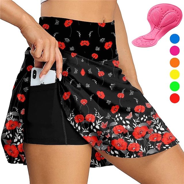  21Grams Women's Cycling Skort Skirt Bike Skirt Bottoms Race Fit Mountain Bike MTB Road Bike Cycling Sports Graphic Floral Botanical 3D Pad Cycling Breathable Moisture Wicking Dark Pink Black Spandex