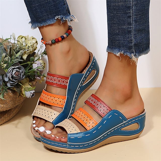  Women's Sandals Wedge Sandals Platform Sandals Plus Size Outdoor Daily Beach Summer Platform Wedge Heel Open Toe Casual Minimalism Faux Leather Loafer Color Block White Blue Brown