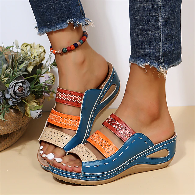 Bohemian Chic Women's Orthopedic Wedge Sandals - Vibrant Multi-Color Straps, Comfortable Arch Support, Trendy Summer Footwear 10