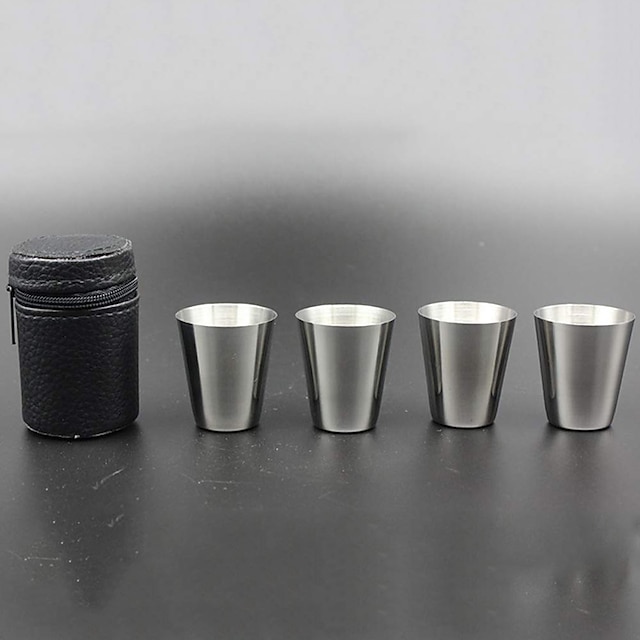  4 Stainless Steel Shot Cups Drinking Vessel with Black Leather Carrying Case (30ml) Outdoor Camping Travel Unbreakable Metal Shooters for Whiskey Tequila Liquor Great Barware Gift