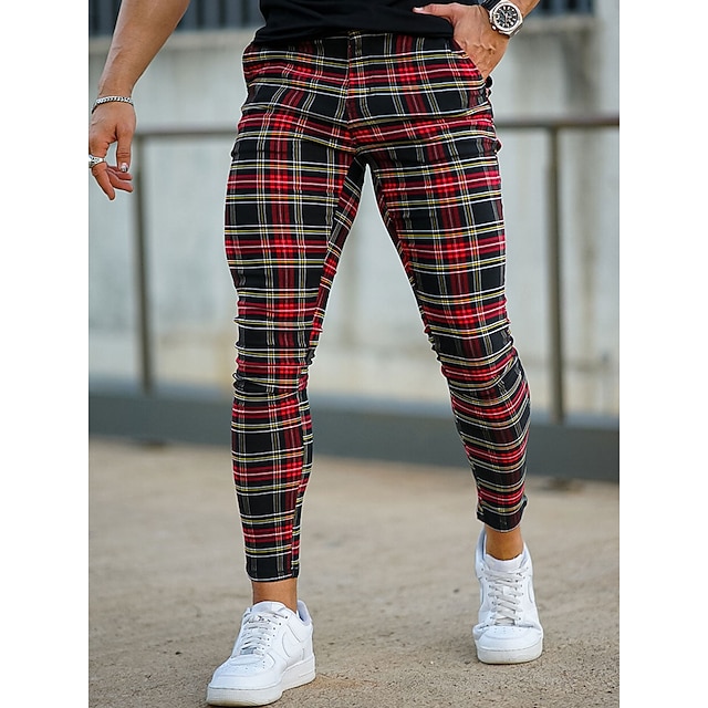  Men's Trousers Chinos Chino Pants Plaid Dress Pants Pocket Plaid Comfort Breathable Outdoor Daily Going out Cotton Blend Fashion Streetwear Black Red