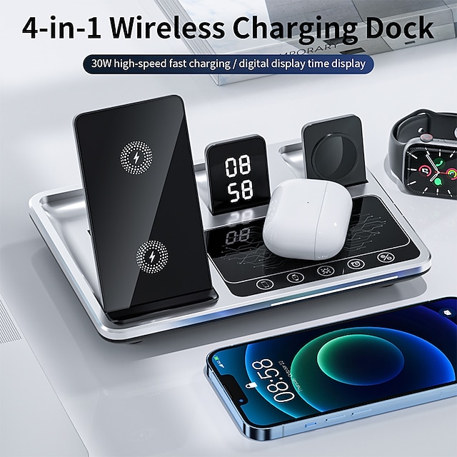  4IN1 Alarm Clock Wireless Charger Stand for Iphone 14 13 12 11 Pro Max Touch Control Charging Station for Airpods Apple Watch