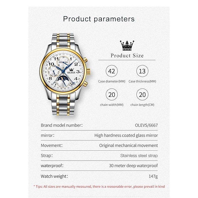 OLEVS Men Mechanical Watch Calendar Luxury Waterproof Wristwatch ...