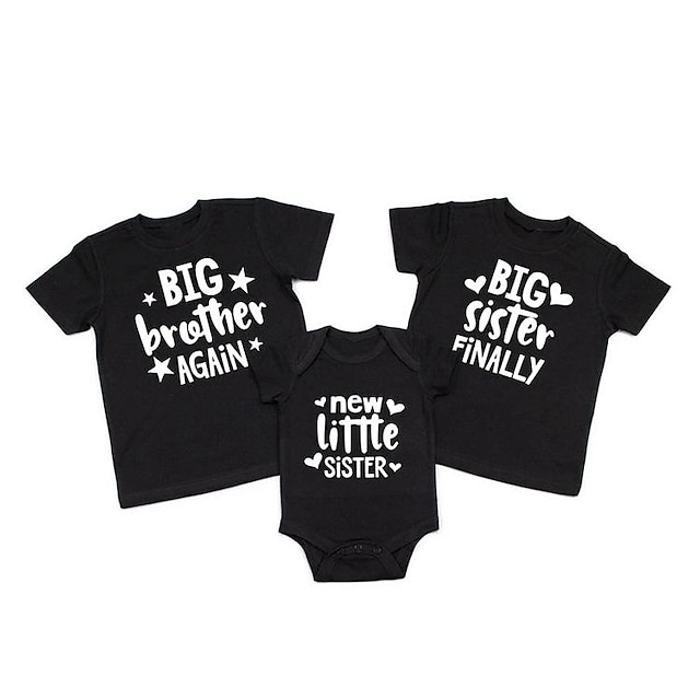 Sibling Suit T shirt Jumpsuit Cotton Letter Home gray-big sister finally white-big brother again black-new little brother Short Sleeve Daily Matching Outfits
