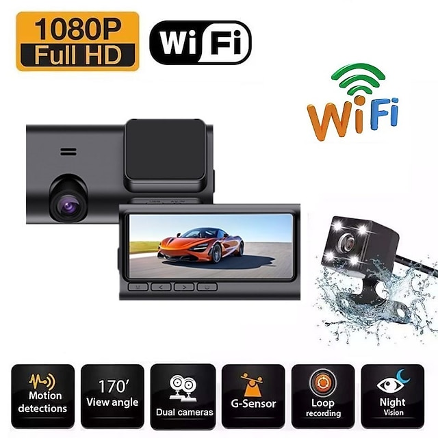  Car DVR WiFi 3.16 Inches Screen Full HD 1080P Dual Lens Rear View Dash Cam Vehicle Camera Video Recorder 24 Hours Parking Monitor Auto Motion Detector Car Camcorder