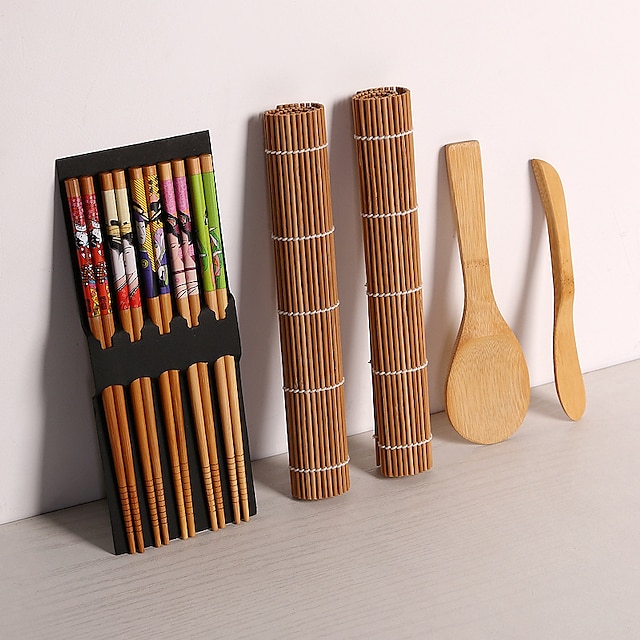  9 pièces/ensemble bricolage bambou sushi maker ensemble sushi rideau riz sushi faisant des kits rouleau outils de cuisson baguettes cuillère sushi lame