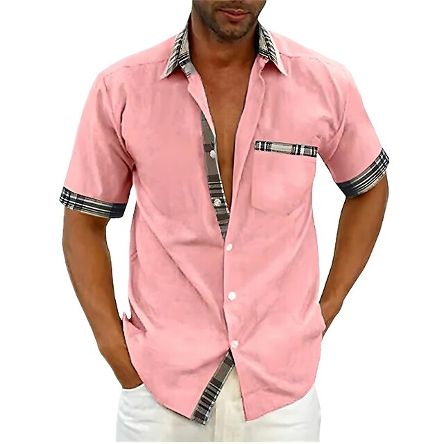  Homens Camisa Social camisa de botão camisa de verão Preto Branco Rosa Vermelho Azul Manga Curta Bloco de cor Xadrez Aberto para a Lateral Rua Casual Botão para baixo Roupa Esportes Moda Clássico