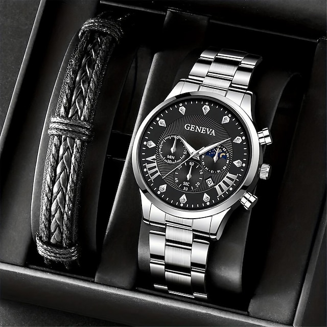  Men's Quartz Watch Rhinestone Inlaid Alloy Steel Band Quartz Watch & Bracelet Set With Calendar
