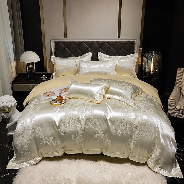  Bettbezug-Sets floral 4-teilig Seide Luxus beige Stickerei Luxus / 500 / 4 Stück (1 Bettbezug, 1 flaches Laken, 2 Shams)