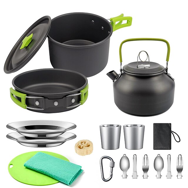  18PCS Camping Cookware Mess Kit Non-Stick Pot and Pan Set with Kettle Stainless Steel Cups Plates Forks Knives Spoons Lightweight for Hiking Backpacking Cooking Picnic