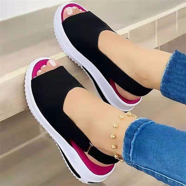  Women's Sandals Wedge Sandals Plus Size Outdoor Daily Wedge Heel Peep Toe Sporty Casual Canvas Magic Tape Solid Color Black Pink Red