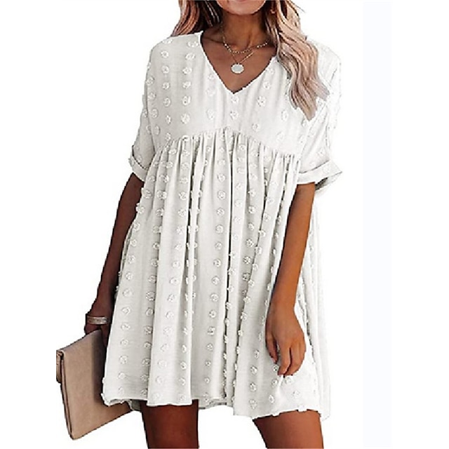  Women's Casual Dress Plain Swing Dress Skater Dress V Neck Pleated Loose Mini Dress Home Daily Fashion Classic Loose Fit Short Sleeve White Yellow Pink Summer Spring S M L XL 2XL