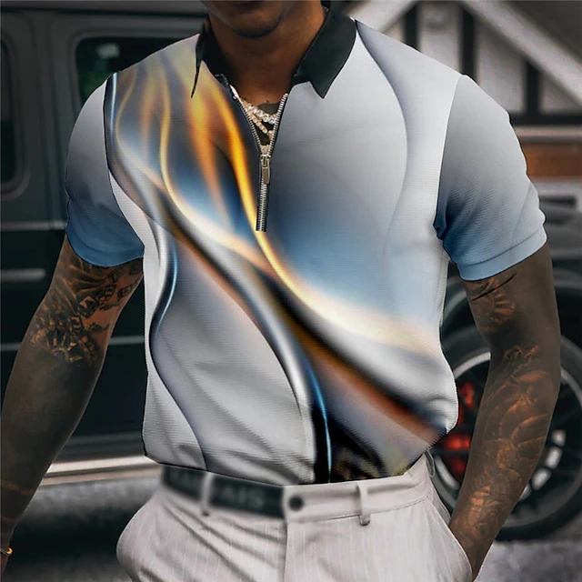 Men's Geometric Zip Polo Shirts Golf Shirt Short Sleeve Polo Shirts Collared Shirts Business Casual Vacation Wear Formal Wear Festival Wear 3D Print Quarter Zip Polo White gray Light Green Blue 8