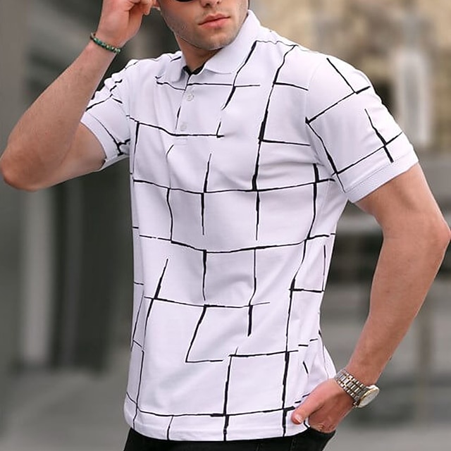  Herr POLO Shirt Golftröja Ledigt Helgdag Klassisk Kortärmad Mode Grundläggande Rutig Knapp Sommar Normal Ljus himmelblå Svart Vit Brun Grön POLO Shirt