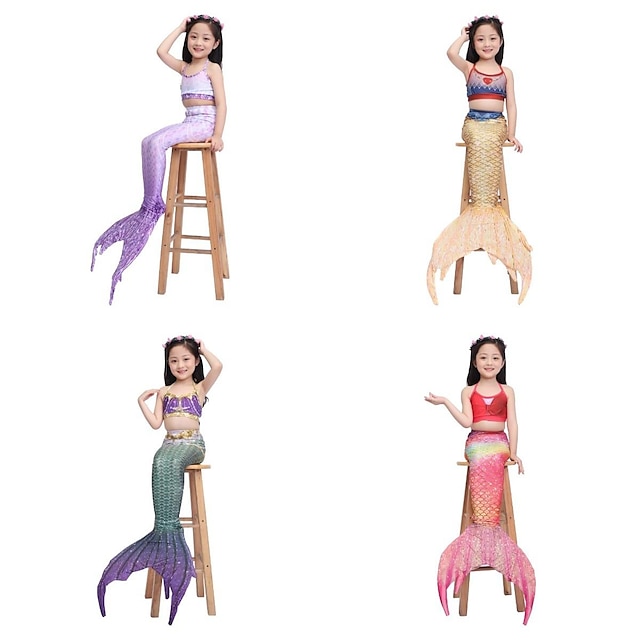  The Little Mermaid Ariel Mermaid Tails Swimwear Bikini Swimsuits Girls' Movie Cosplay Holiday Yellow Pink Red Mermaid Fishtail Polyester