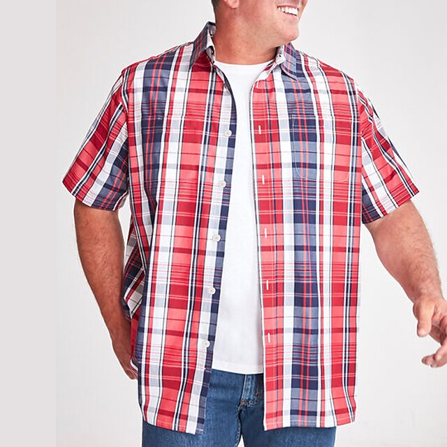  Men's Plaid Shirt Plaid Shirt Button Up Shirt Short Sleeve Shirt Turndown Outdoor Casual Red Plus Size Clothing Apparel Modern Style Retro Vintage