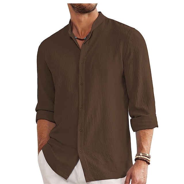 Men's Linen Shirt Summer Shirt Beach Shirt Black Blue Brown Long Sleeve ...