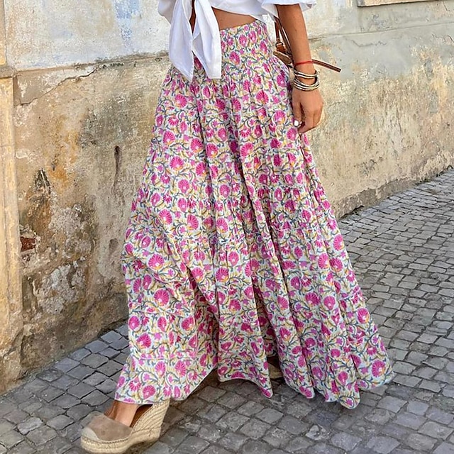  Women's Swing Long Skirt Polyester Maxi Pink Rose Skirts Print Street Vacation Fashion coastal grandma style Boho S M L