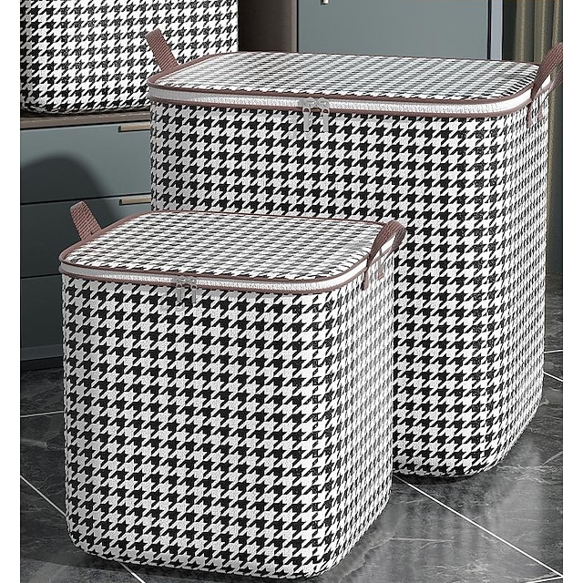 1pc Clothes Storage Bag, Houndstooth Pattern Foldable Fabric Storage Bag, Large Capacity