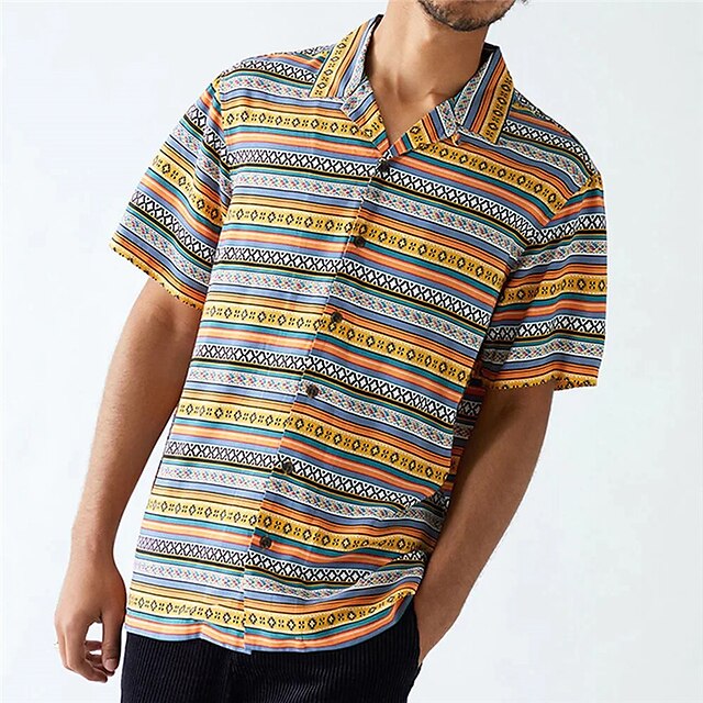  Men's Shirt Tribal Graphic Prints Geometry Turndown Yellow Street Casual Short Sleeves Button-Down Print Clothing Apparel Vintage Fashion Streetwear Designer
