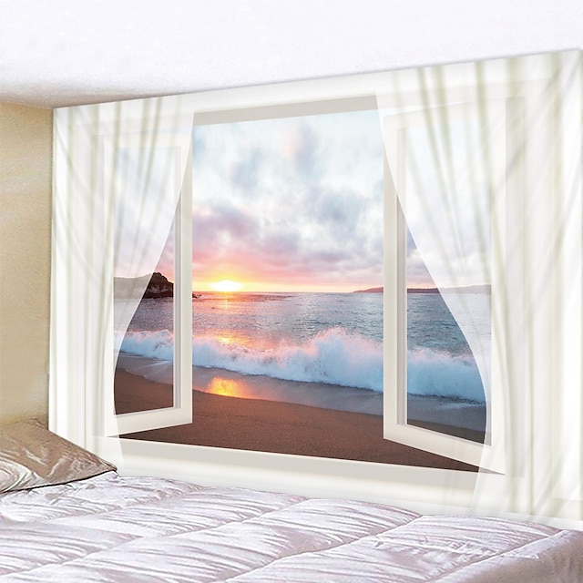  Ocean Landscape Window Wall Tapestry Art Decor Blanket Curtain Hanging Home Bedroom Living Room Decoration