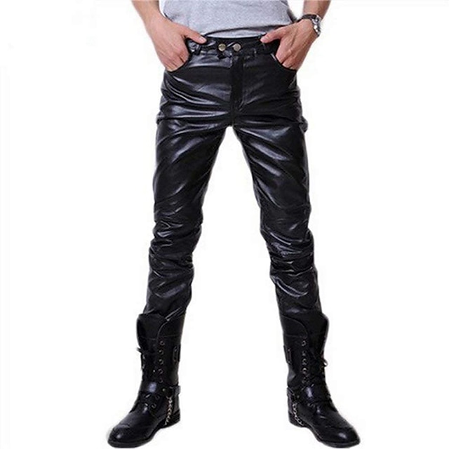 Men's Skinny Trousers Faux Leather Pants Straight Leg Solid Colored Full Length Party Going out Club PU Streetwear Stylish Silver Black Micro-elastic