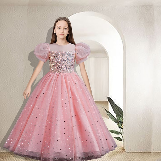  Παιδιά Κοριτσίστικα Φόρεμα για πάρτυ Συμπαγές Χρώμα Λουλούδι Κοντομάνικο Επίδοση Γάμου Πούλιες Κομψό Πριγκίπισσα Πολυεστέρας Μακρύ Ροζ πριγκίπισσα φόρεμα Φόρεμα τούλι Καλοκαίρι Άνοιξη 4-13 χρόνια