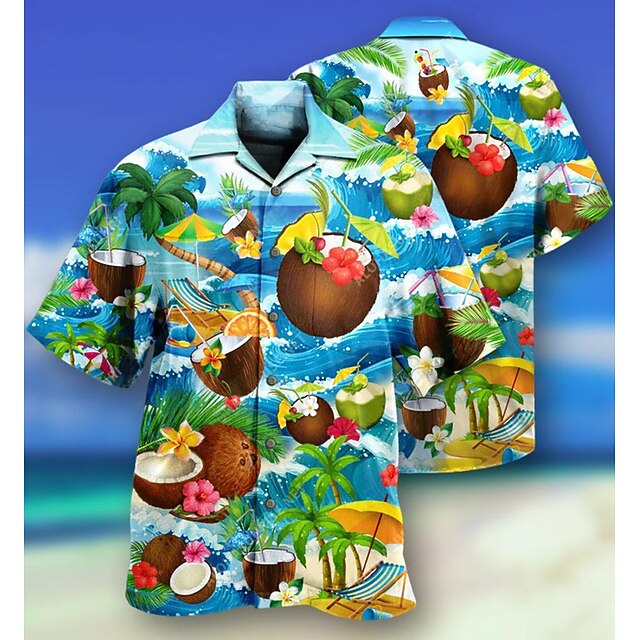  Herr Palmträd Kokos Strand Skjorta Hawaii skjorta Aloha skjorta Kortärmad Skjorta Nedvikt Tropisk Mode Hawaiisk Ledigt Hawaiisk Helgdag Himmelsblå Grön S M L