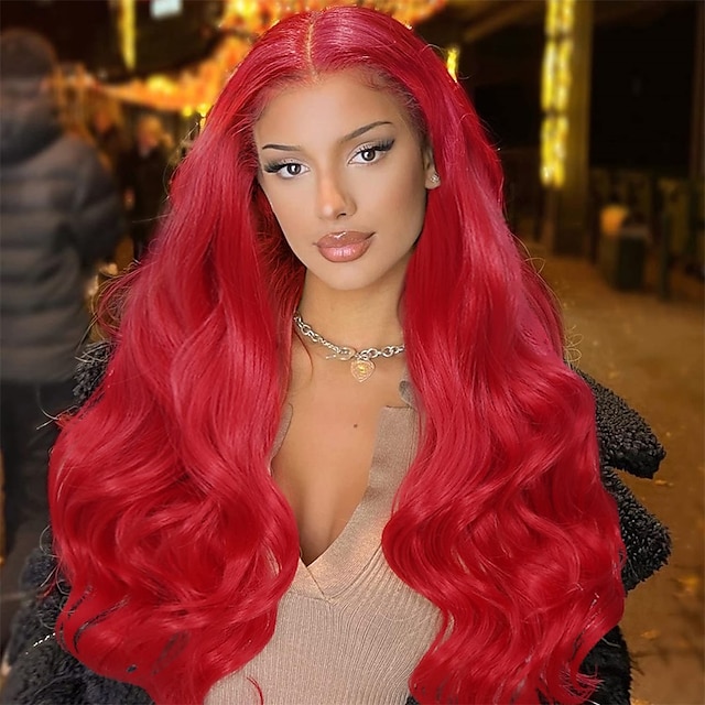  Love Long Red Wavy Wig for Women Middle Part Natural Looking Curly Hair Mermaid Red Synthetic Heat Resistant Fibre Wigs for Daily Party Use