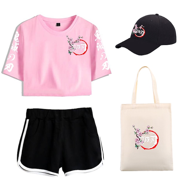  4 Piece Demon Slayer Printed Shorts Crop Top Baseball Caps Canvas Tote Bags Set Nezuko Tee T-Shirt Shorts Co-ord Sets For Women's Adults' Outfits & Matching Casual Daily Running Gym Sports