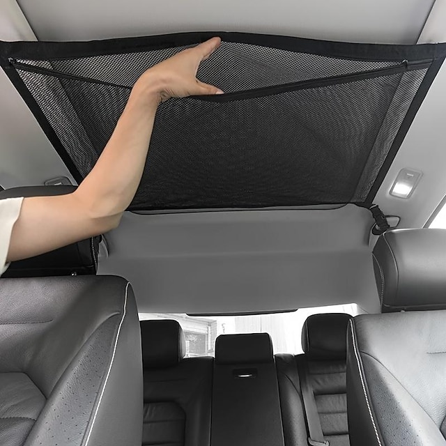  SUV Car Ceiling Storage Net Pocket Double-Layer Mesh Car Roof Bag Interior Cargo Net Breathable Mesh Bag Auto Stowing Tidying Travel Long Trip Camping Interior Accessories