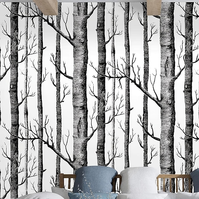  1 peça papel de parede de árvore de bétula preto e branco casca de árvore e adesivo de parede autoadesivo papel de parede em pvc para decoração de casa armário mesa cadeira pano de fundo renovação 45 cm x 600 cm/17,7 '' x 236,2 ''